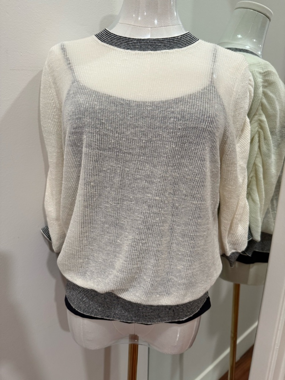 Veronica Beard Ivory Knit Crew Sweater with Black Trim